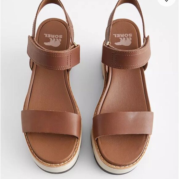 Sorel Joanie IV Y strap wedge leather sandals velvet tan blackened brown size 9 - Picture 6 of 17